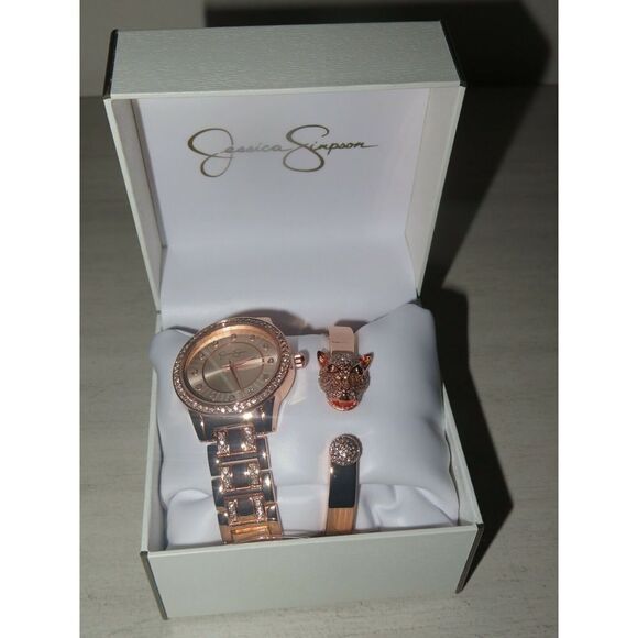 Jessica Simpson JSB8002RG Rose Gold Watch w/ Panther/Tiger Bracelet Crystal Pave - Picture 7 of 12